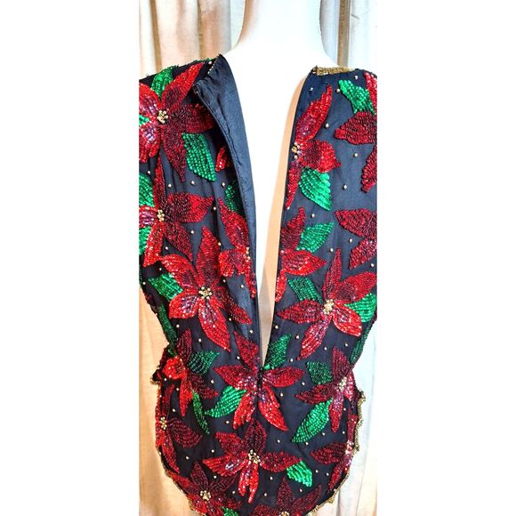 Vintage Laurence Kazar Sequin & Beaded Christmas Poinsettia Top Blouse Sz L - Picture 8 of 11